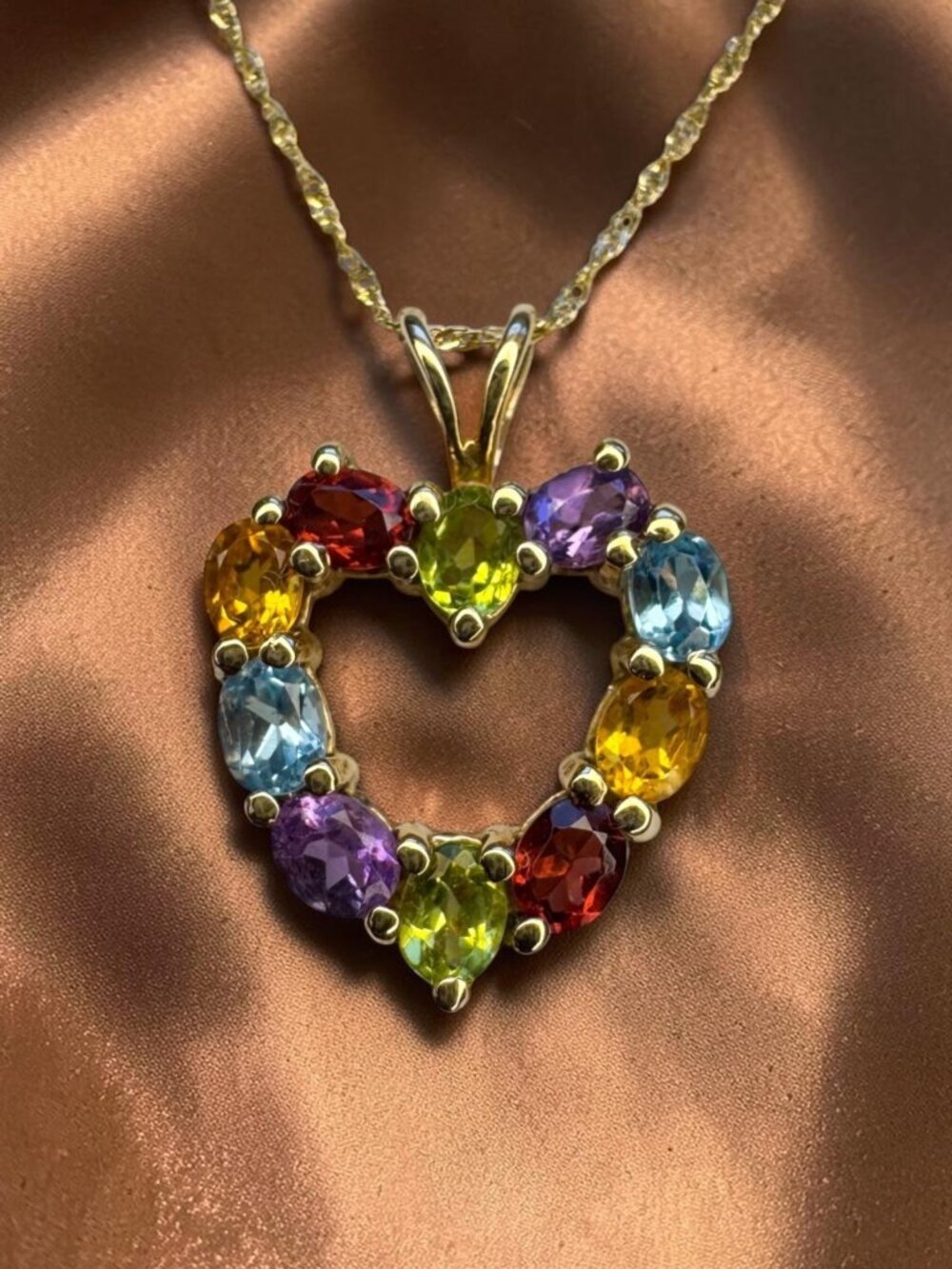 Solid 10K Gold Rainbow Heart Necklace -20" -VINTAGE Multi gemstone Pendant -3.1g
